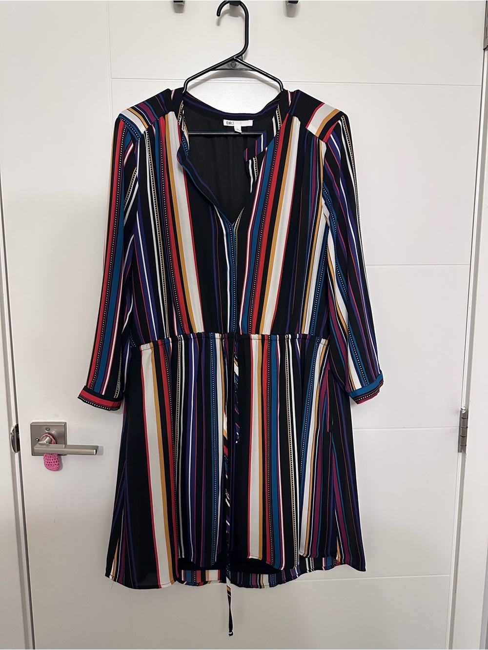 DR2 Navy Multicolor Vertical Stripe V-Neck Dress